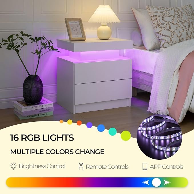 Bingoday Nightstand Set of 2 LED Nightstand with 2 Drawers, Bedside Table with Drawers for Bedroom Furniture, Side Bed Table with LED Light - Image 7