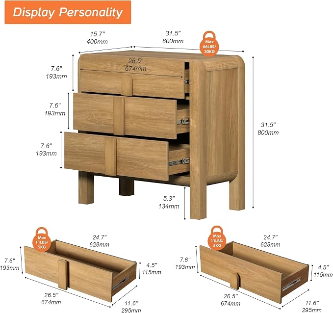 WAMPAT Nightstands Set of 2, Large Nightstands with 3 Drawers, Modern 31.5" Tall Wooden End Tables with Storage, Walnut Nightstands Bedside Tables with Curved Design for Bedroom - Image 3