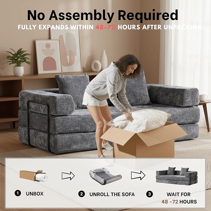 4-in-1 Folding Convertible Sofa Bed, 77" Floor Couch with Pillow - Chenille Fabric & High-Density Sponge & Fixed-Shape Frame, Modular Sofa for Living Room/Lounge/Studio, Dark Grey