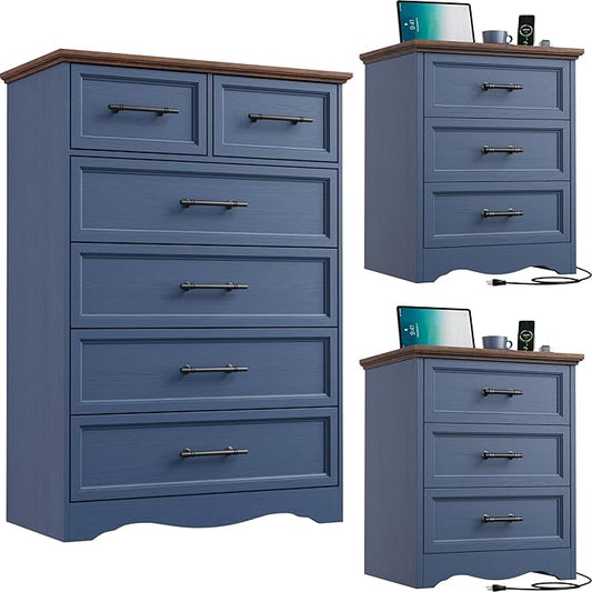 Bedroom Set, 3 Pieces Bedroom Furniture Set, Wood 6 Drawer Dresser and 3 Drawers Nightstands with Charging Station, Farmhouse Storage Organizer Cabinet for Bedroom, Blue