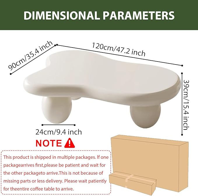 Modern Wooden Coffee Table Cloud Coffee Table Cute Central Living Room Low Table Irregular Indoor End Table with 3 Ball Legs for Living Room Bedroom (White Oval Leg b 47.2 inch)