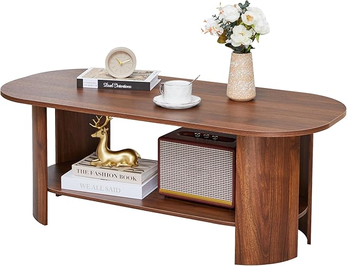 Oval Coffee Table for Living Room, 43.3” Farmhouse Coffee Tables with Storage, 2-Tier Wood Center Table with Storage Shelf Low Tea Table for Small Space, Home, Office, Easy Assembly (Walnut)