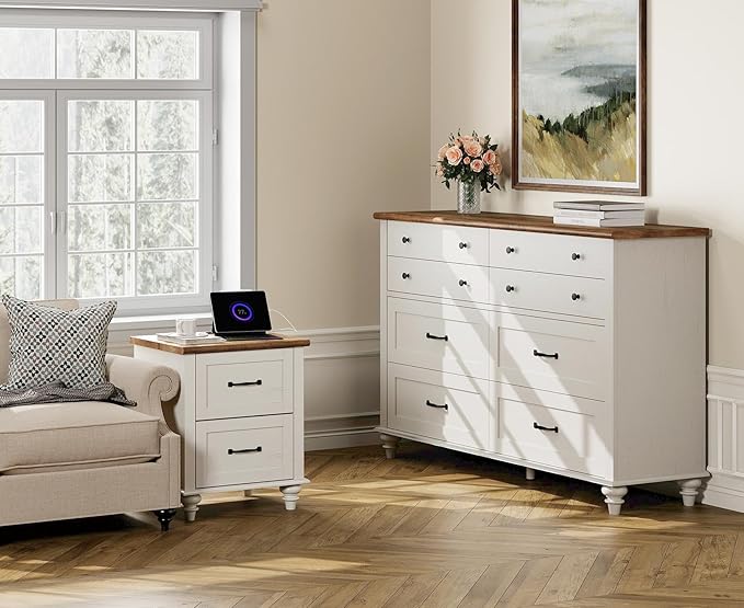 WAMPAT 2 Piece Bedroom Set - Includes 8 Drawer Dresser for Bedroom, Nightstand with Charging Station & Drawers, 2 Piece Dresser and Nightstand Sets, Off White