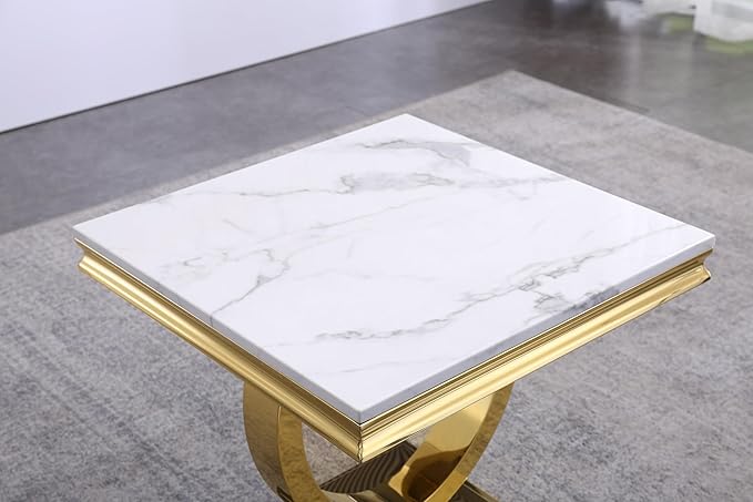 Modern Faux Marble End Table, Faux Marble Side Table with Geometric Frame, Rectangular Marble Center Table Tea Table Accent Furniture for Living Room, Simple Assembly (Gold)