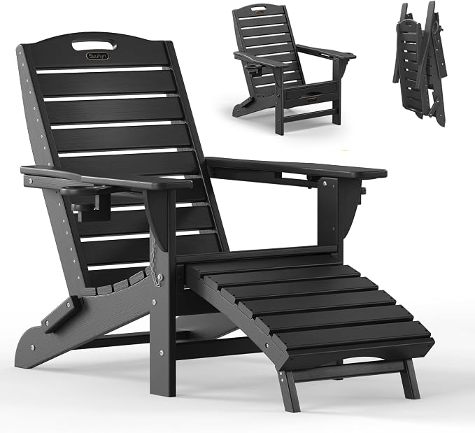 Folding Adirondack Chair with Retractable Ottoman Weather Resistant Fire Pit Chair Patio Chair with 2 Cup Holder Lawn Outdoor Lounge Chair (Black) by Suunyn