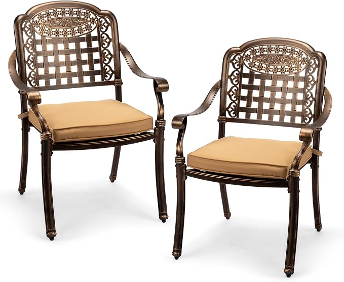VINGLI Patio Chairs Set of 2 - Stackable Outdoor Cast Aluminum Dining Chairs with Vintage Bronze Finish and Plaid Pattern, Metal Armchairs for Poolside, Backyard, Balcony (with Cushion) by VINGLI