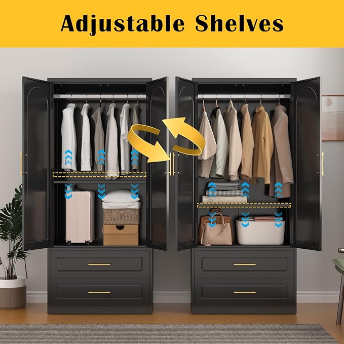 SteeLoong Metal Armoire Wardrobe Closet with 2 Drawer,71Inch Black Clothing Storage Cabinets with Hanging Rod, for Bedroom Home Office