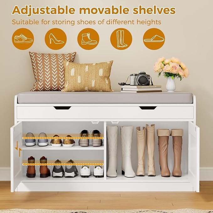2-Tier Storage Bench, 39.4" Wide Shoe Bench with Lift-Up Top, Shoe Storage Bench with Cushion, Shoe Cabinet with Handleless Doors and Adjustable Shelf for Entryway, Bedroom, White KHD02W - Image 5