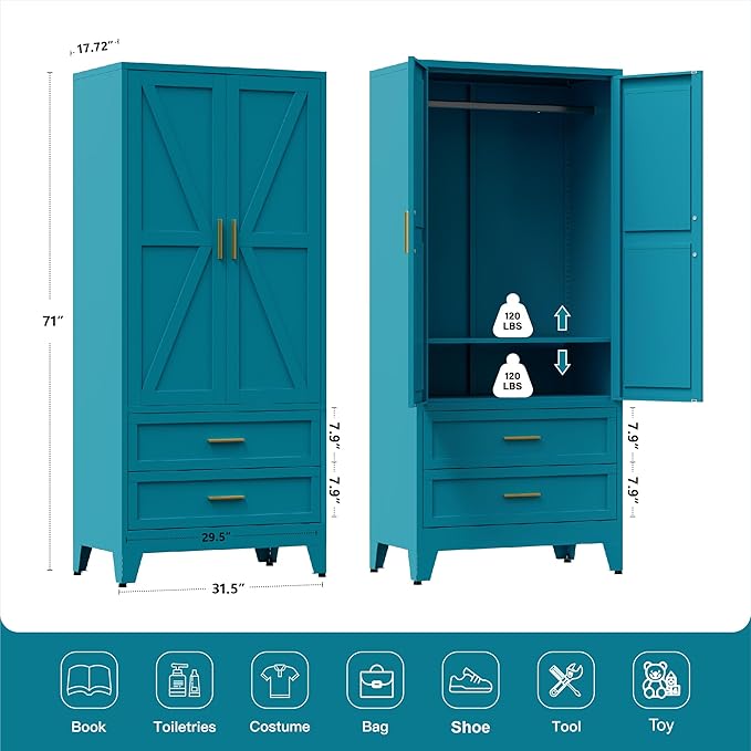 LCAOPC 71" Tall Metal Wardrobe Cabinet with 2 Drawers and Hanging Rod, 2 Doors Armoire Wardrobe Closet with Shelf for Bedroom, Office, Laundry Room, Blue