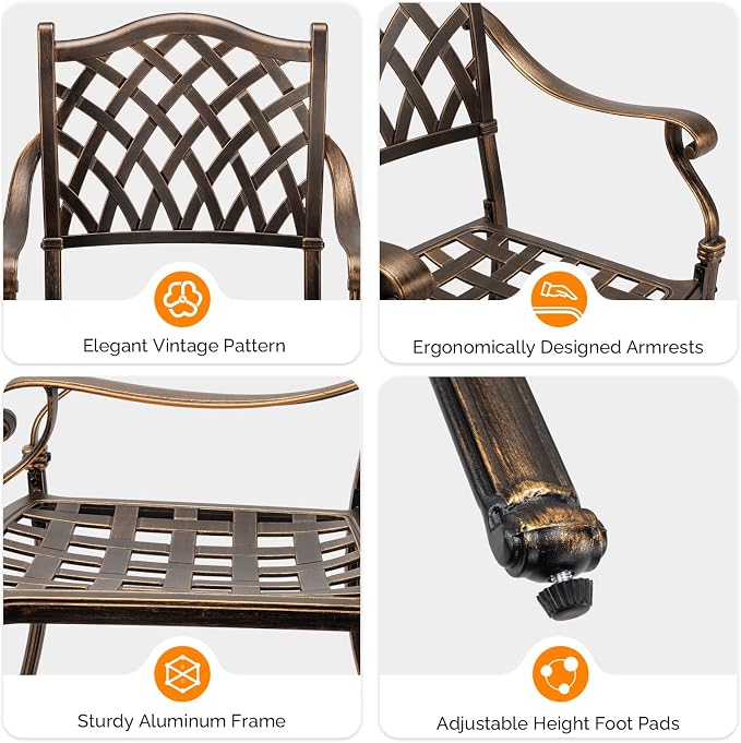 VINGLI Patio Chairs Set of 4 - Stackable Outdoor Cast Aluminum Dining Chairs with Vintage Bronze Finish and Diamond Pattern, Metal Armchairs for Poolside, Backyard, Balcony (No Cushion) - Image 7