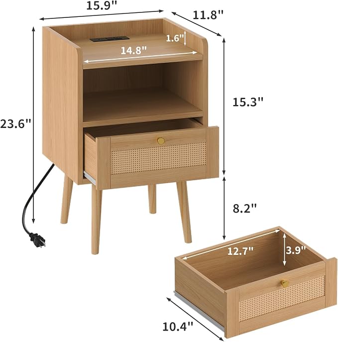 MECHYIN Night Stand Set 2, Nightstands Set of 2 with Charging Station, Rattan Side Tables with Solid Wood Legs, Boho Bedside End Table for Apartment Bedroom Dorm Small Space - Image 3