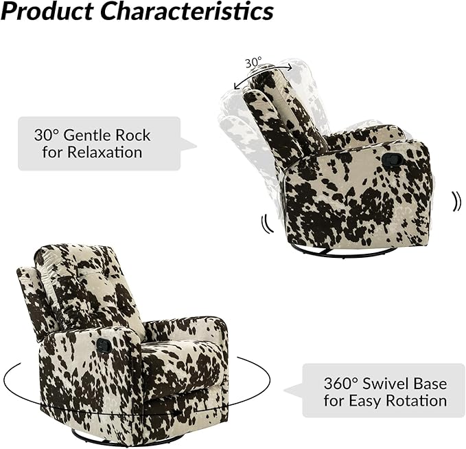 HULALA Home Recliner Chair Set of 2, Modern Printed Fabric for Living Room, Rocker Recliner Sofa Comfy Armchair 360 Degree Swivel, Nursery Rocking Chairs with Adjustable Backrest & Footrest/Brown