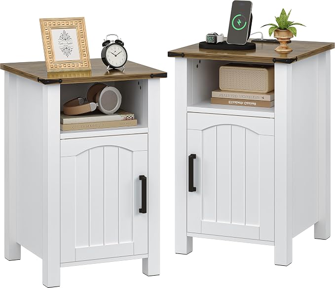 Farmhouse Nightstand with Charging Station, Set of 2 End Table with USB/Type-C Ports, Rustic Bedside Table with Large Storage and Open Shelf, Modern Side Table for Bedroom, Pure White + Walnut - Image 7
