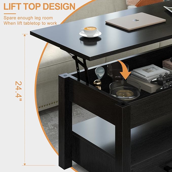 FABATO 41.7'' Lift Top Coffee Table with 2 Storage Drawer Hidden Compartment Open Storage Shelf for Living Room Folding Wood End Table, Black