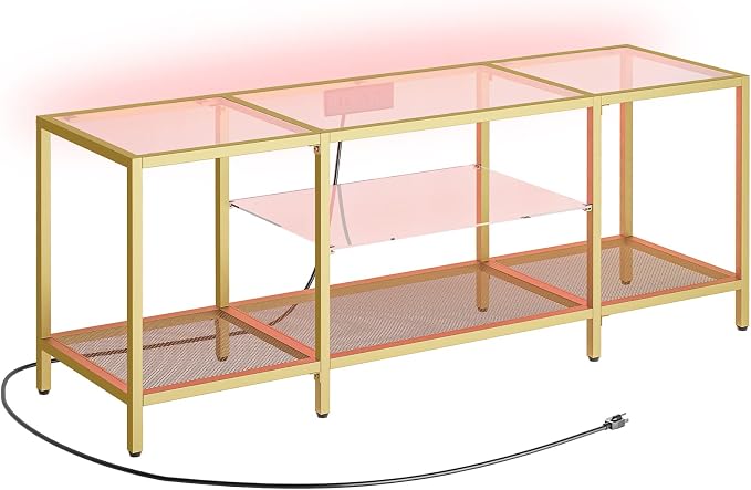 HOOBRO TV Stand with LED Lights and Power Outlets for TVs up to 65", Modern 55 Inch Tempered Glass TV Console Table with Open Shelves, Media Entertainment Center for Living Room, Gold GD145UDS01 - Image 9