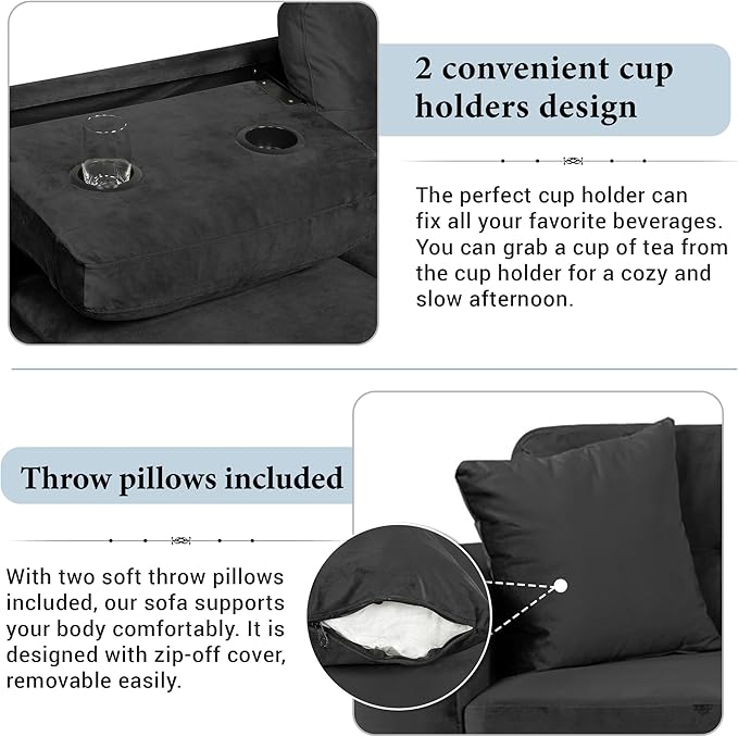 Ball & Cast L-Shape Sectional Couch with Storage Ottoman,105" Couches for Living Room W/ 2 Pillows & Cup Holders,6 Seat Velvet Sleeper Sofa W/Reversible Chaise,Comfy Couches for Apartment,Black