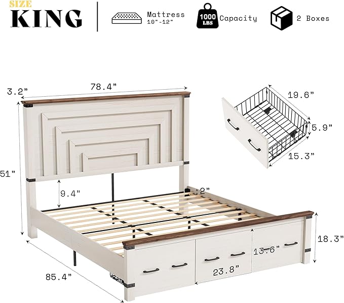 AMERLIFE 2 Pieces Farmhouse Bedroom Set, Includes Wood Rustic King Size Bed Frame with 51" Tall Headboard, 48" Tall 5 Drawers Dresser Chest, Heavy Duty Thick Plank Styling, Antique White
