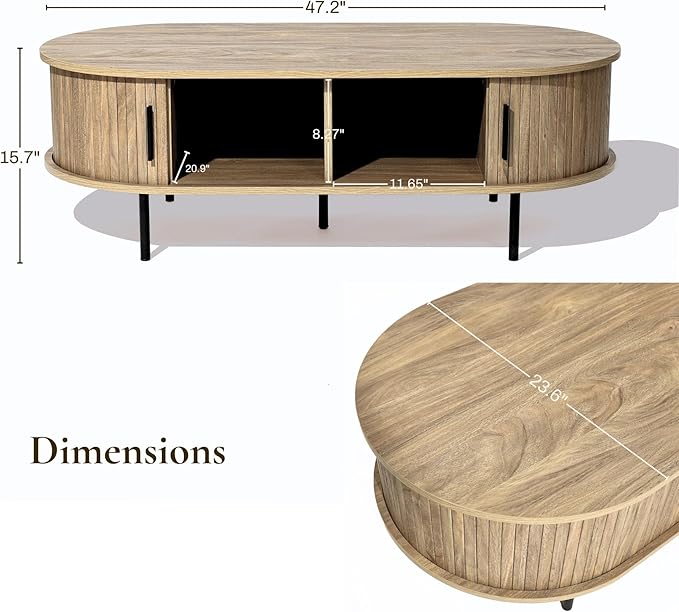 LuxenHome Oval Coffee Table with Storage, 47" Mid Century Modern Fluted Coffee Tables for Living Room, Wooden Sliding Door Boho Storage Center Table for Home, Office