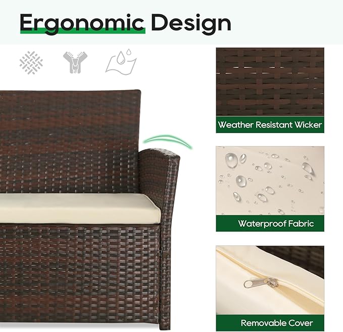 Patio Outdoor Furniture 4 Pieces Sectional Sofa Set Balcony Furniture Wicker Rattan Chairs with Table and Loveseat for Garden, Porch, Backyard, Brown Wicker/Beige Cushion