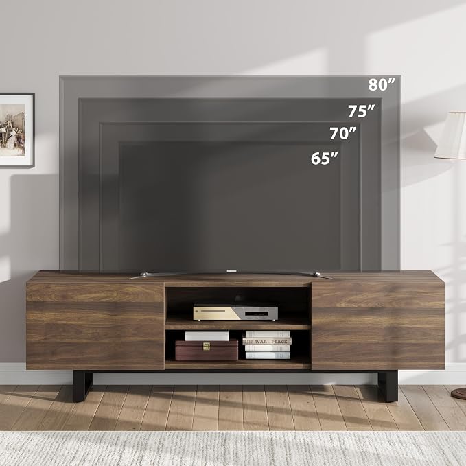 GarveeHome Industrial TV Stand for 80 in, Modern Entertainment Center with 2 Drawers, Wooden Media Cabinet with Heavy Duty Leg and Open Storage, TV Console Table for Living Room, Walnut - Image 4