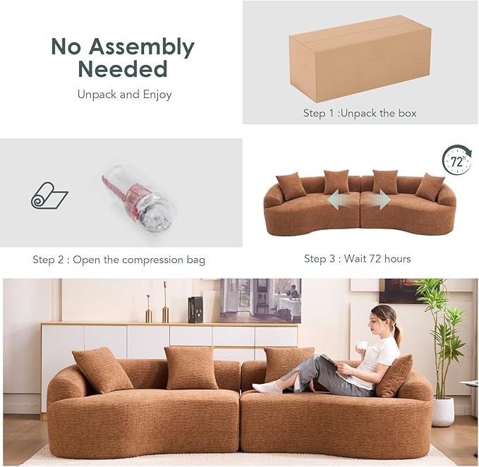 KEIKI Curved Chenille Modular Sectional Couches with Pillows, 4 Seater Oversized Upholstered Luxury Plush Cloud Sofa for Living Room Apartment, Caramel