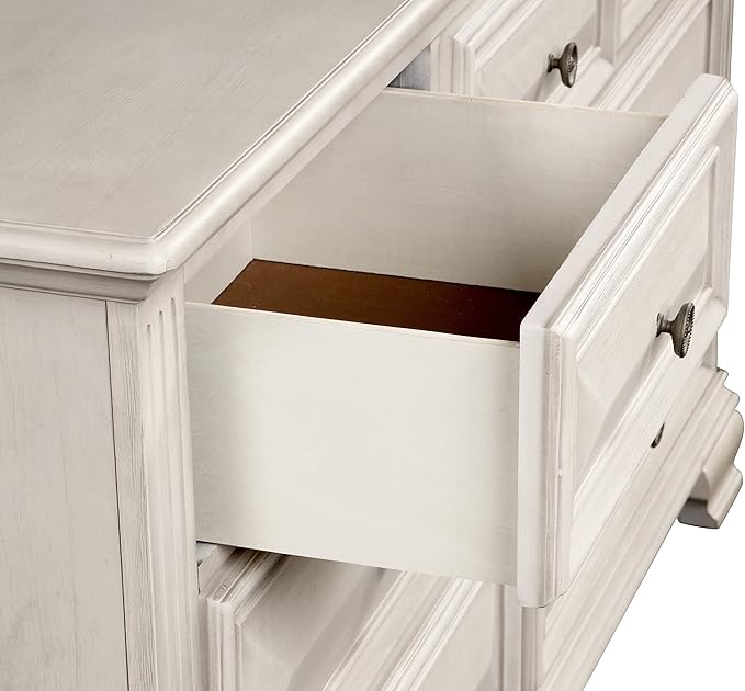Roundhill Furniture Renova Distressed Parchment Wood Bedroom Set, Queen Panel Bed, Dresser, Mirror, Nightstand, Chest