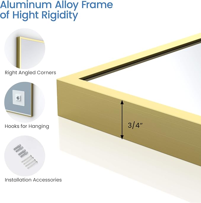 KIBI 24" x 36" Shatterproof Wall Mount Metal Frame Mirror – Horizontal or Vertical Hanging, Modern Rectangular Vanity Mirror for Bathroom, Entryway, or Living Room (Brushed Gold, FM1-2436BG) - Image 5