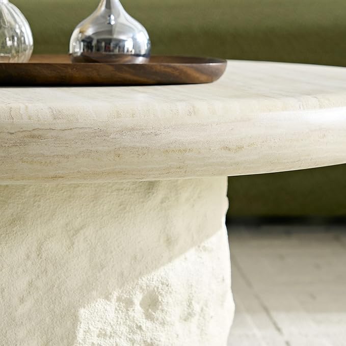 Coffee Table Set of 2, Round Fiberglass Imitation Stone Table Cement Rock Center Table witn Side Table for Living Room Apartment Office, 35.04"&15.75", No Need Assembly