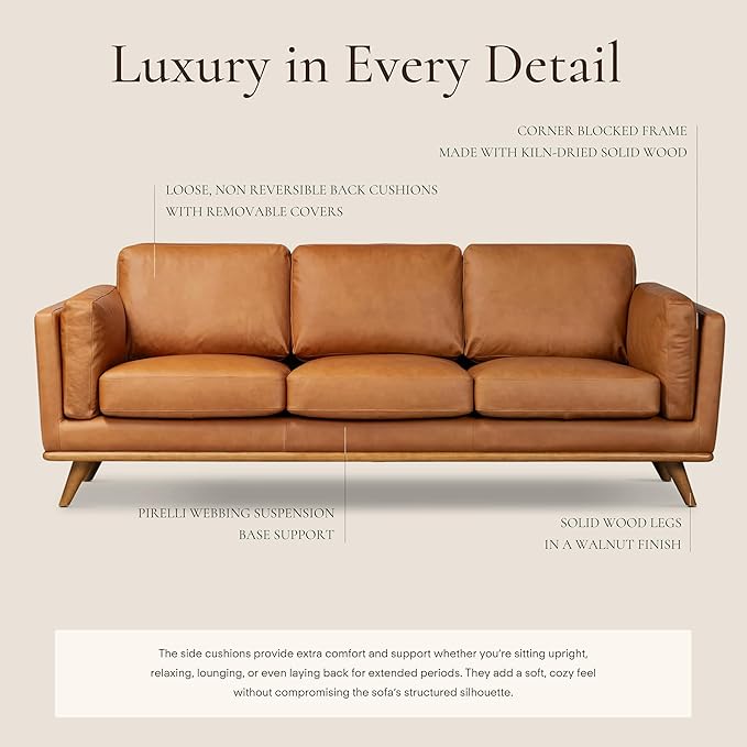 Poly & BARK Cadiz 90" Sofa – Saddle Tan Full-Grain Pure-Aniline Italian Leather, Feather-Down Cushions, Solid Rubberwood Base & Legs - Saddle Tan