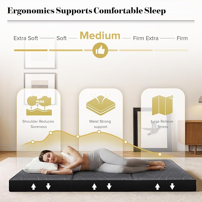 Tri Folding Mattress Full Size - Foldable Mattress Trifold Memory Foam Mat with Washable Cover, Handle & Non-Slip Bottom, Portable Foldable Floor Sofa Bed for Travel Camping Guest - 4 Inch, 73"x52"x4"