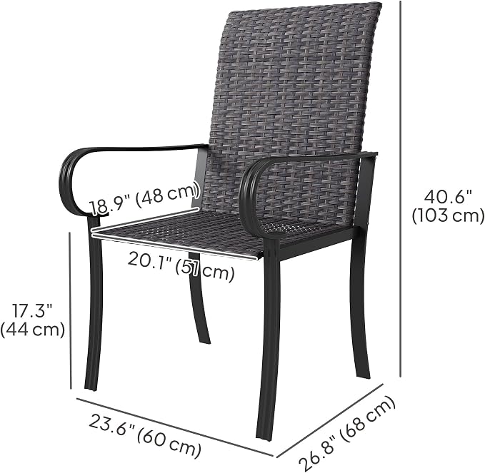 Outsunny Set of 2 Outdoor Wicker Dining Chairs, All-Weather Rattan Armchairs with Armrests, Steel Frame, High Back and Deep Seating, for Garden, Patio, Deck, Yard, Poolside, Brown - Image 3