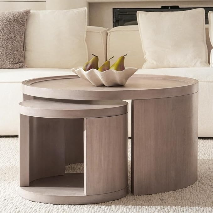 Round Nesting Coffee Table Set of 2, Gray Coffee Table, 31.5" Large & 18" Small Low Tables with Wood Top, Center Table for Living Room, Bedroom, Minimalist Center Table Set