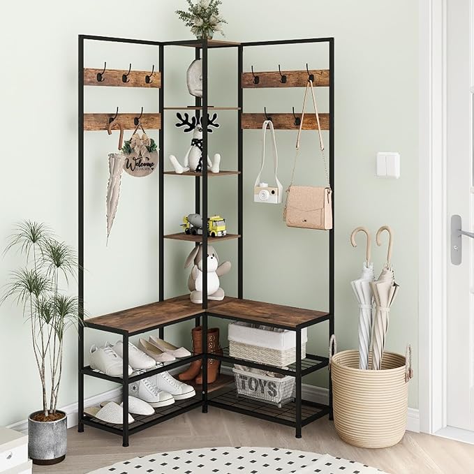 GiftGo Corner Hall Tree with Shoe Rack Storage Bench Display Open Shelves Modern Industrial Entryway Coat Rack Stand for Home Living Room Mudroom Bedroom Multifunctional 5 in 1 (Rustic Brown) - Image 3