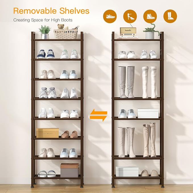 usikey 8 Tiers Narrow Shoe Rack 16-24 Pairs, Sturdy Metal Tall Shoe Rack with 4 Hooks, Slim Shoe Storage Organizer with Metal Shelf, Space Saving Vertical Shoe Shelf for Entryway BronzeUNYXJX016A - Image 6
