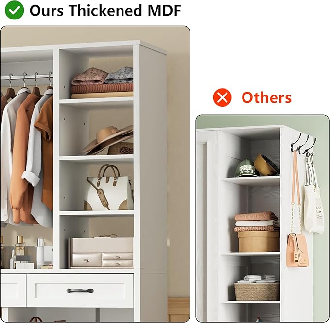 Armoire Wardrobe Closet with 2 Drawers, 81” H Wooden Wardrobe Closet with 10 Storage Shelves and 2 Hanging Rod, White Modern Armoire, Clothing Storage Cabinet Organizer Combination, Bedroom Furniture