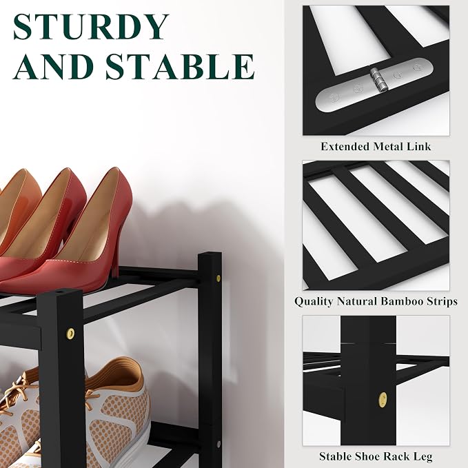 Smiry Shoe Rack, 3 Tier Long Bamboo Shoe Organizer, Stackable Free Standing Wooden Shoe Storage Shelf for Closet, Entryway, Front Door Entrance, Black - Image 3