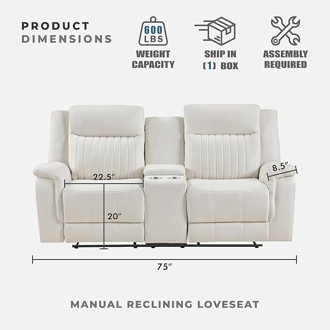 Lexicon Manual Double Reclining Loveseat, Polished Microfiber Manual Wall Hugger Loveseat Recliner for Living Room, Center Storage Console/Cup Holders, Easy Assembly, Beige
