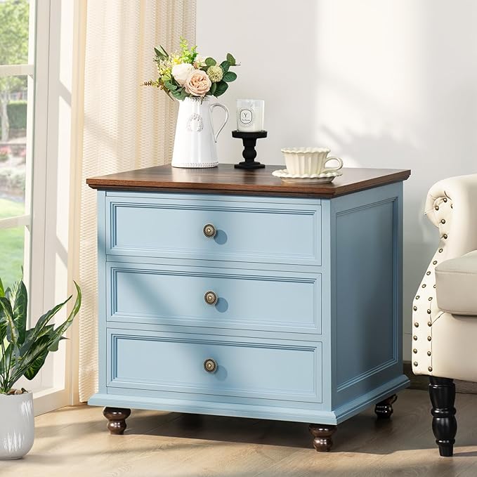 Joaxswe 24" Wide Farmhouse Nightstand Set of 2, 54" 7 Drawers Dresser, 45" Tall Rustic Chests of 5 Drawers w/ 4 Solid Wood Feet, Farmhouse Furniture Series for Living Room,Bedroom,LightBlue