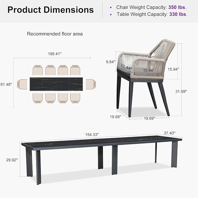 PURPLE LEAF 11 Pieces Patio Dining Set Aluminum Modern Oversize Rectangular Table and Rattan Arm Chairs with Cushions for Kitchen Porch Garden Outdoor Furniture Sets, Dark Grey - Image 8