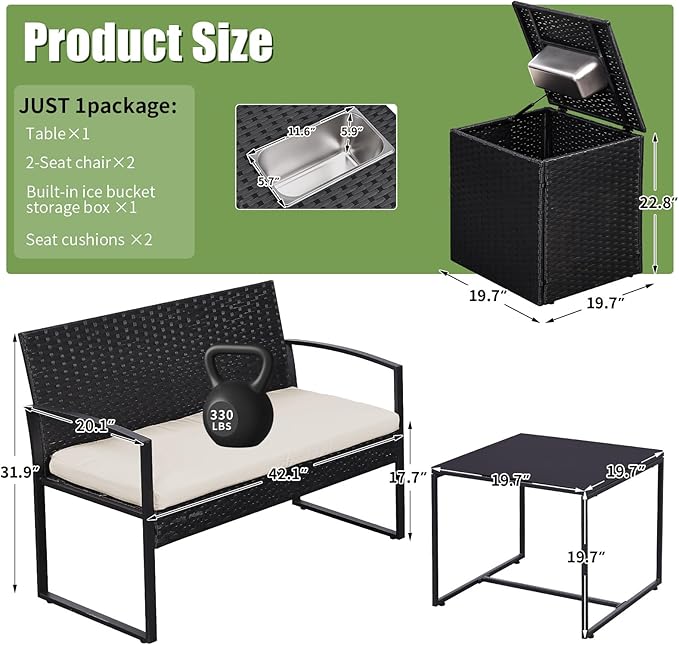 FHFO 4 Piece Outdoor Patio Furniture Set with Built-in Beverage Cooler Storage Box, Wicker Conversation Sets Patio Outdoor Loveseats & Coffee Table for Outside, Garden, Balcony, Porch, Black/Beige