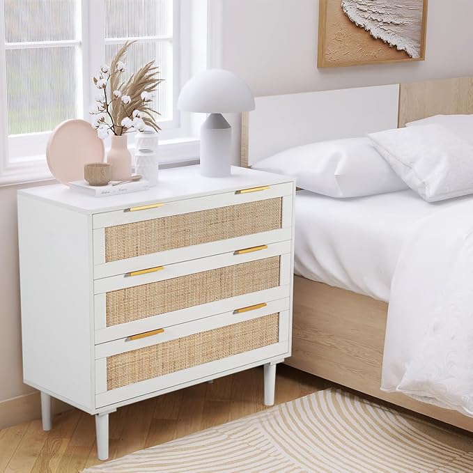 HOPUBUY Large Nightstand Set of 2 with Rattan Drawer, Modern 3 Drawer Night Stand for Bedroom, Wooden Bedside Table for Queen Size and King Size Bed,White - Image 4