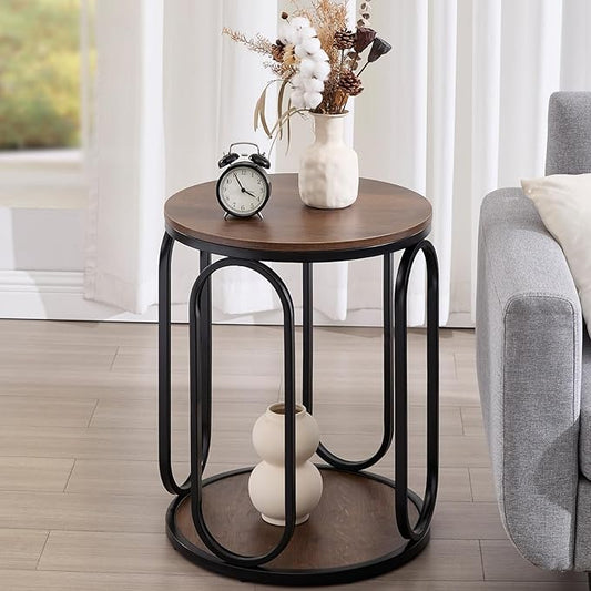 BECHAEO Small Side Table, 19.7" 2-Tier Round Bedside Table with Storage, Wood Industrial Design End Tables for Living Room, Bedroom, Office, Bathroom, Classic Walnut
