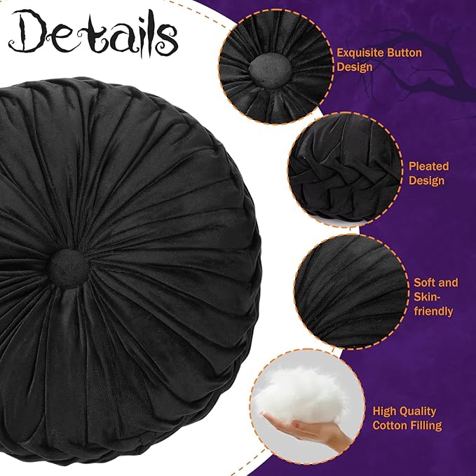 Beeveer 2 Pcs Round Throw Pillows 15 Inch Decorative Velvet Pleated Pumpkin Pillows Boho Floor Pillow with Center Button for Living Room Couch Chair Bed Sofa Home Decoration (Black)