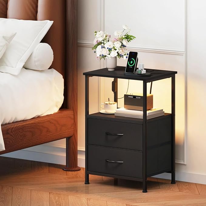 Somdot Black Nightstand with Charging Station and LED Light for Bedroom, 2 Drawers Dresser with Fabric Bins for Bedside Kids Dorm Room Closet Laundry Entryway, Black - Image 2