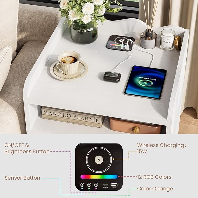 Nightstand with Wireless Charging Station, 12-RGB Color Night Stand with USB Ports and Type-C, 23.6" H Bedside Table with 1 Cabinet & Drawer, Small End Table for Bedroom (White) - Image 4
