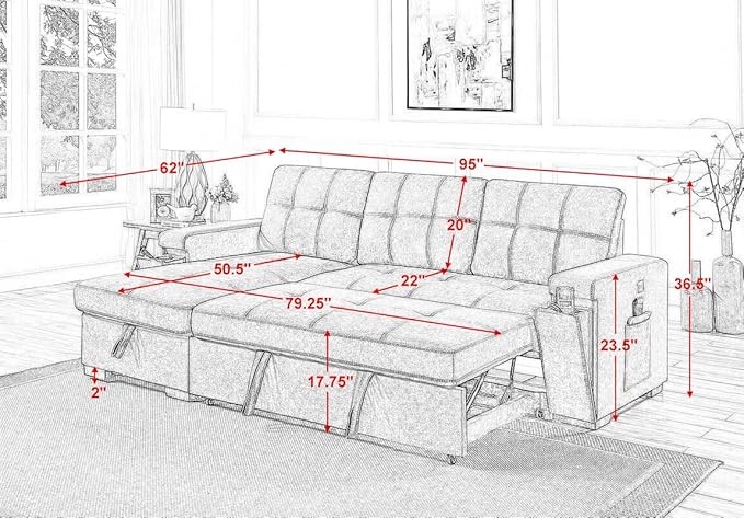 ERYE Modern Reversible Tufted Sleeper Sectional Sofa W/Pull Out Couch Bed and Storage Chaise, L-Shaped Woven Linen Fabric Upholstered Sofa&Couch Convertible Sofabed with Hidden Cupholders & USB Ports