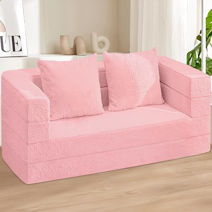 Futon Sofa Bed with Pillow, 3-in-1 Sleeper Sofa Bed with Removable Cover, Convertible Floor Sofa Bed, No Assembly Boneless Couch for Living Room, Bedroom