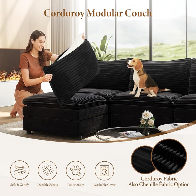 Vesgantti 101" V-Shaped Corner Couch Sectional, 7 Seat Customizable Modular Cloud Couches with Movable Ottoman, Corduroy Deep Seat Sofa Set with Chaise for Living Room, Bedroom and Apartment, Black