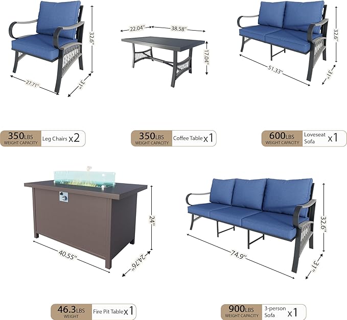 6 Pieces Modern Patio Furniture Set, All Weather Metal Outdoor Conversation Sets with Fire Pit Table for Backyard Garden Deck Porch Poolside, Blue
