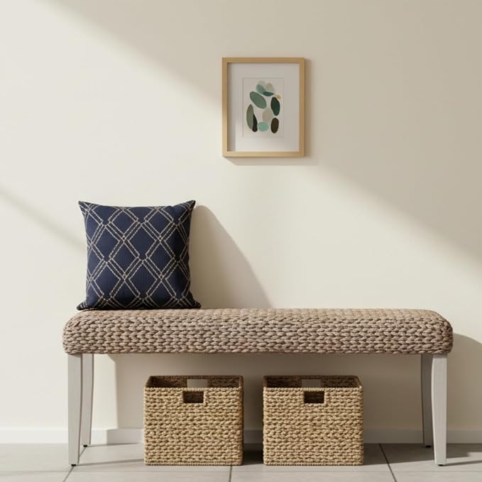 Solid Wood Acacia Indoor Bench with Natural Woven Water Hyacinth Seat, Wood Bench for Living Room or Entryway, Vintage Bench, Fishbone Style, Grey Leg - Image 6